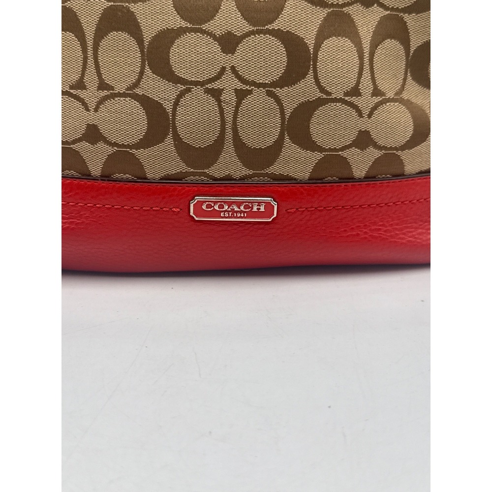 Coach Taylor Signature Tote Khaki Red Leather Trim Shoulder Bag F23295 - Picture 2 of 8